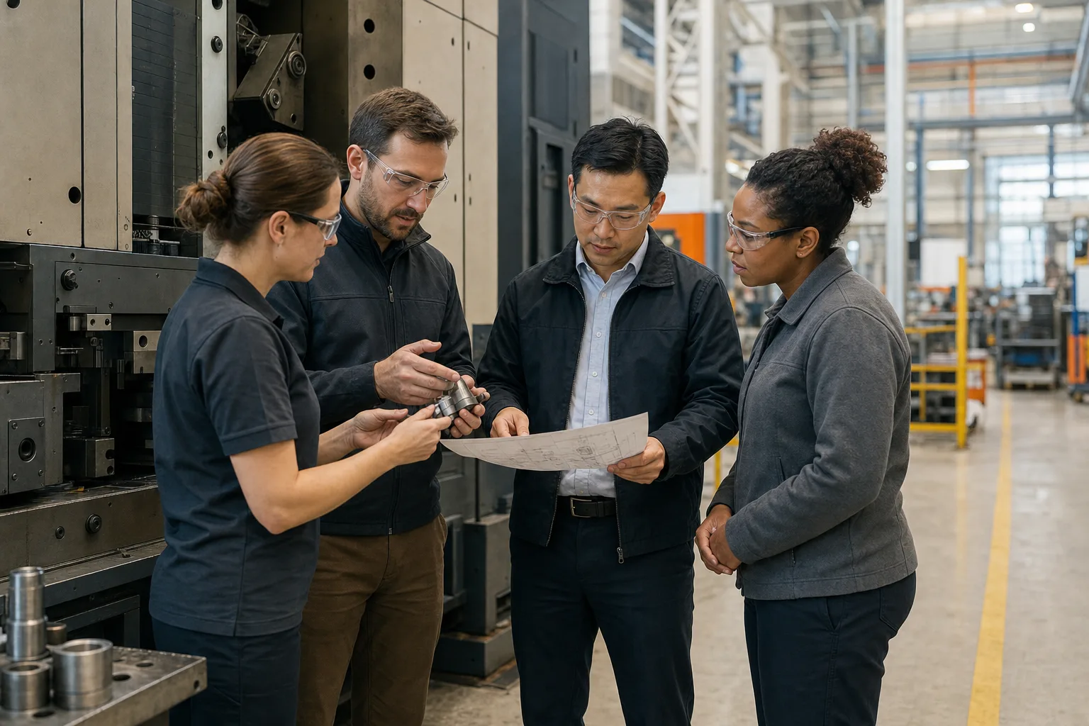 Illustrative industrial professionals collaborating on a technical decision