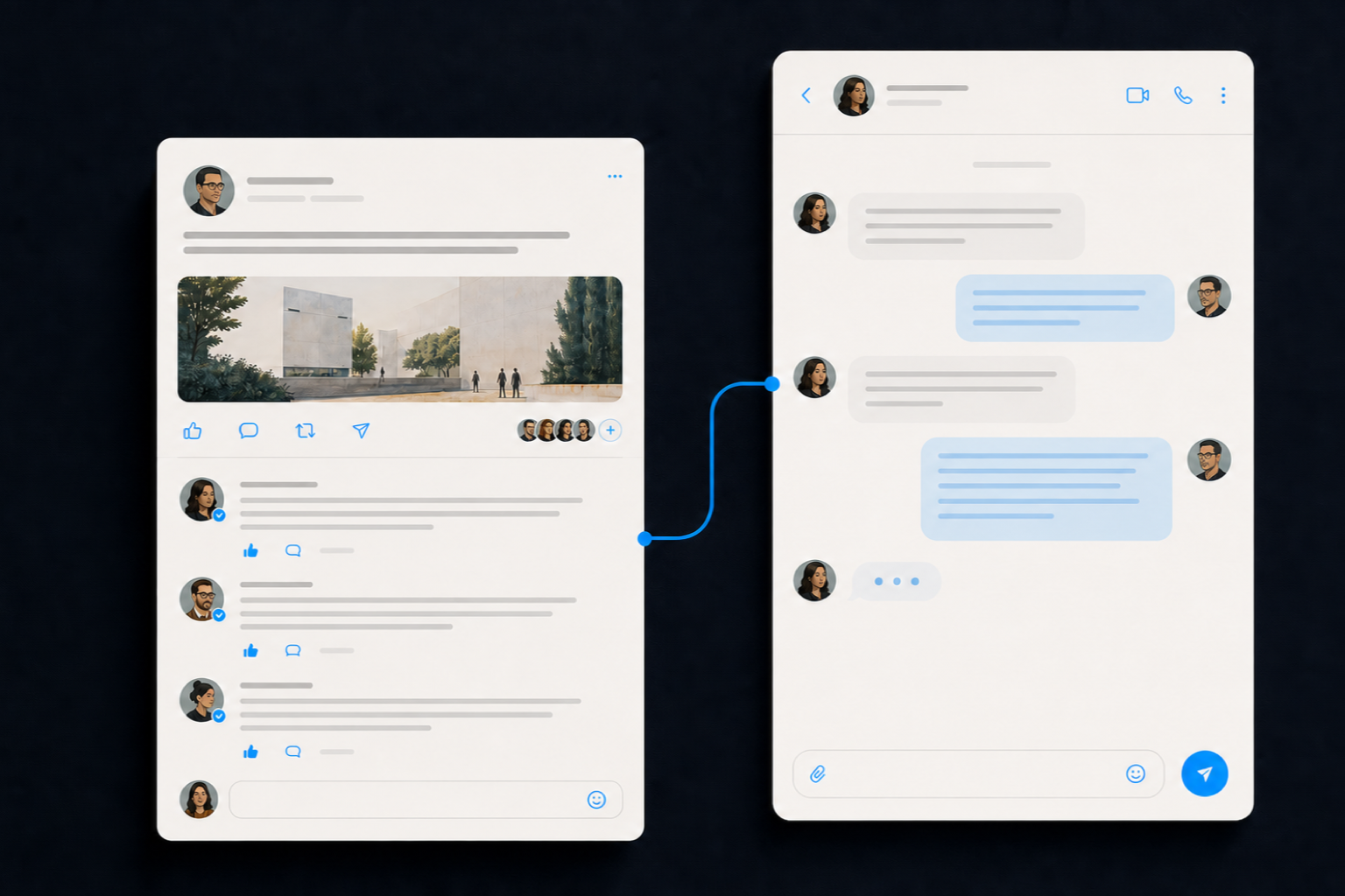 Illustrative post and message flow showing how visible expertise can lead to a relevant business conversation