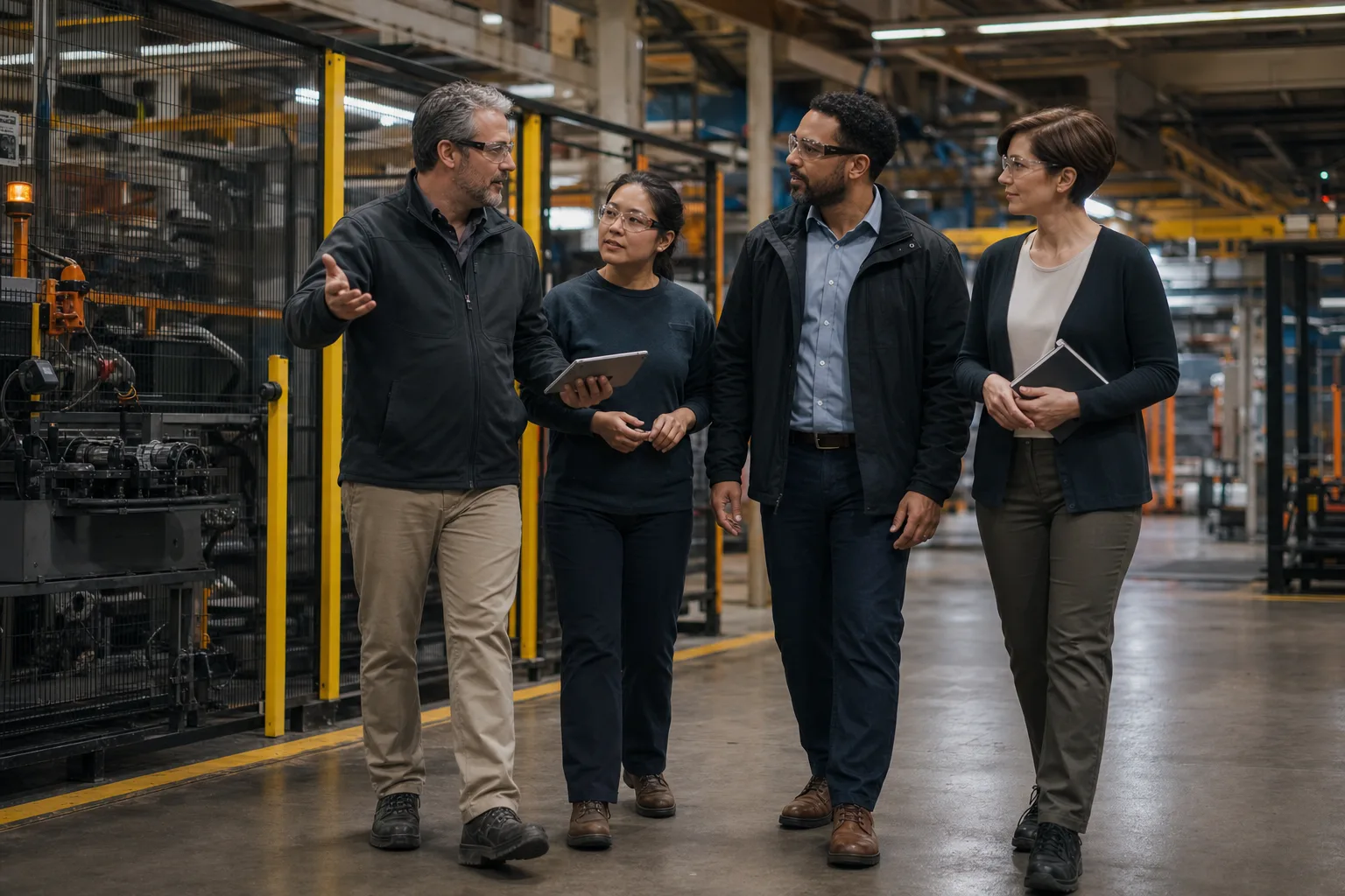 Illustrative manufacturing team discussing equipment on a factory floor