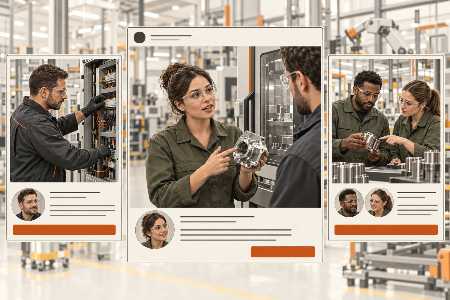 Three professional-network panels show a service specialist, an applications engineer, and production teammates sharing manufacturing expertise.