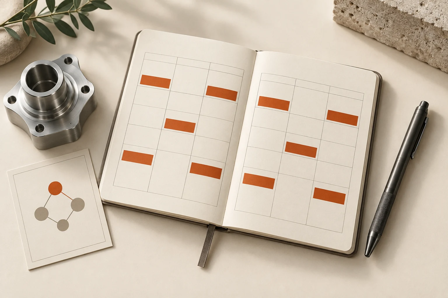 Open routine planner with a pen and a precision-machined component on an ivory workbench.