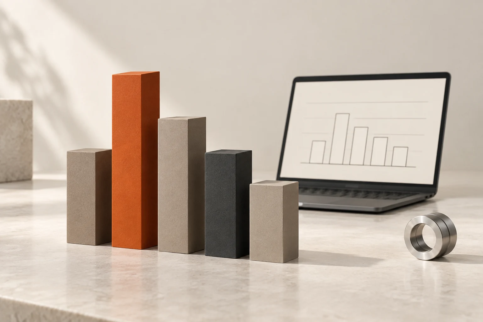 Sculptural bar chart beside a laptop displaying analytics and a machined metal ring.