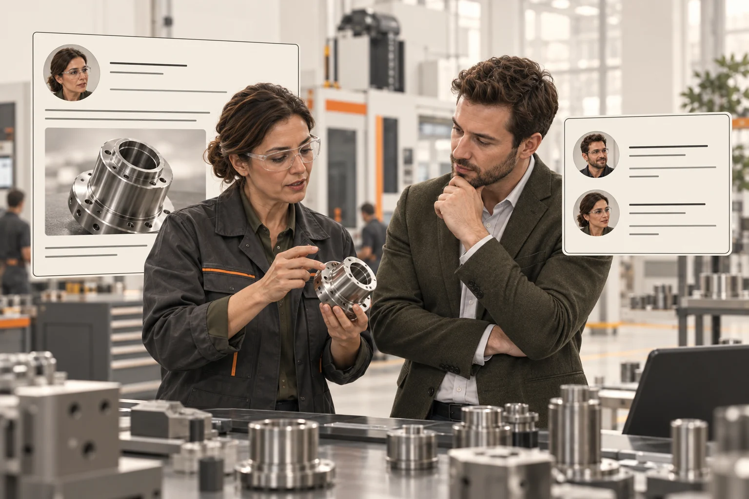 An industrial engineer and salesperson discussing a precision component beside public post and conversation cards.