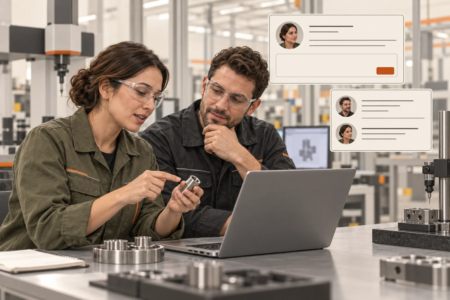 A manufacturing quality engineer explains a component to a supportive colleague beside a laptop and professional-network draft panels.