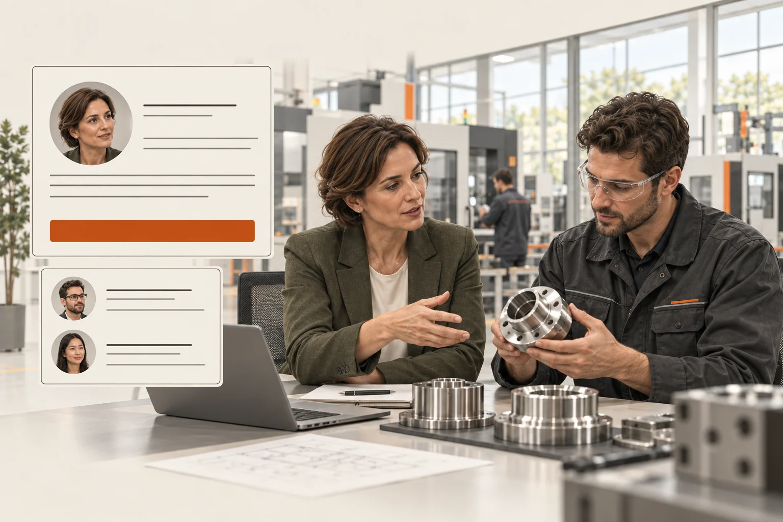 A manufacturing executive discusses a machined component with an engineer beside professional profile and conversation panels.