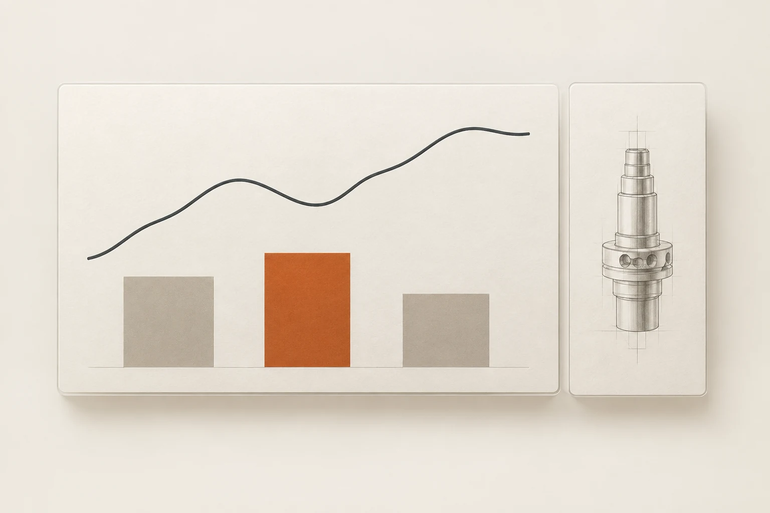 A restrained analytics dashboard pairs a line graph and bars with a precision-machinery sketch.