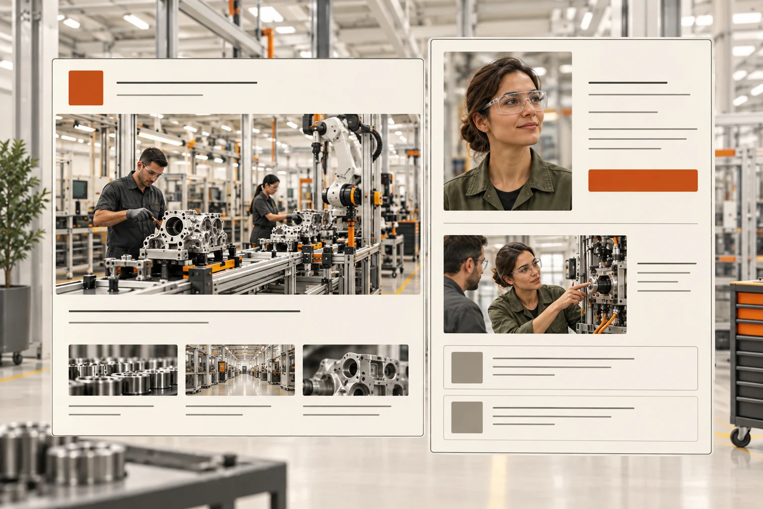A manufacturing company page and an applications engineer profile in a shared factory setting.