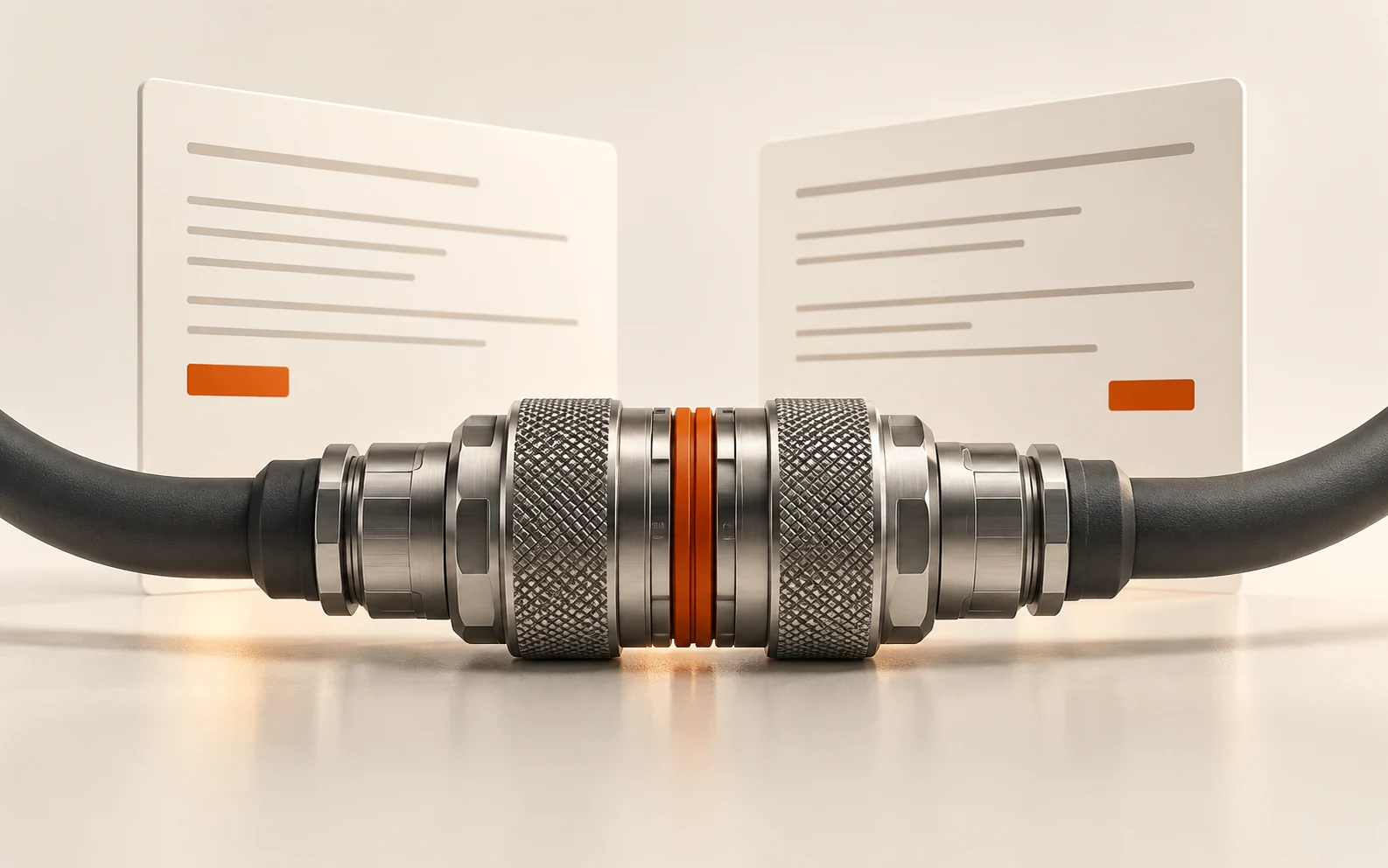Precision industrial connectors joining two abstract professional-network panels.