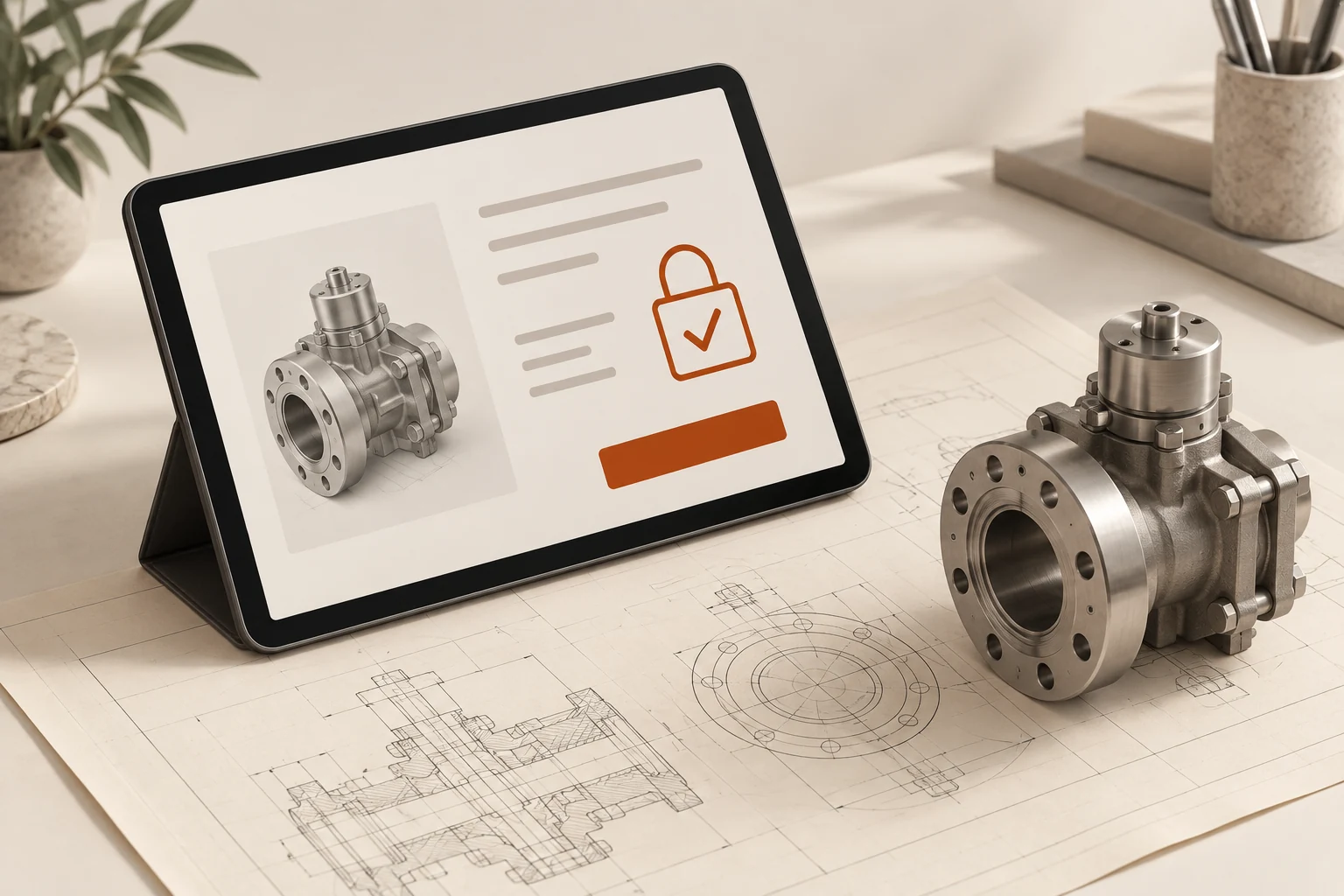 Approval interface on a tablet beside an industrial component and technical drawings.