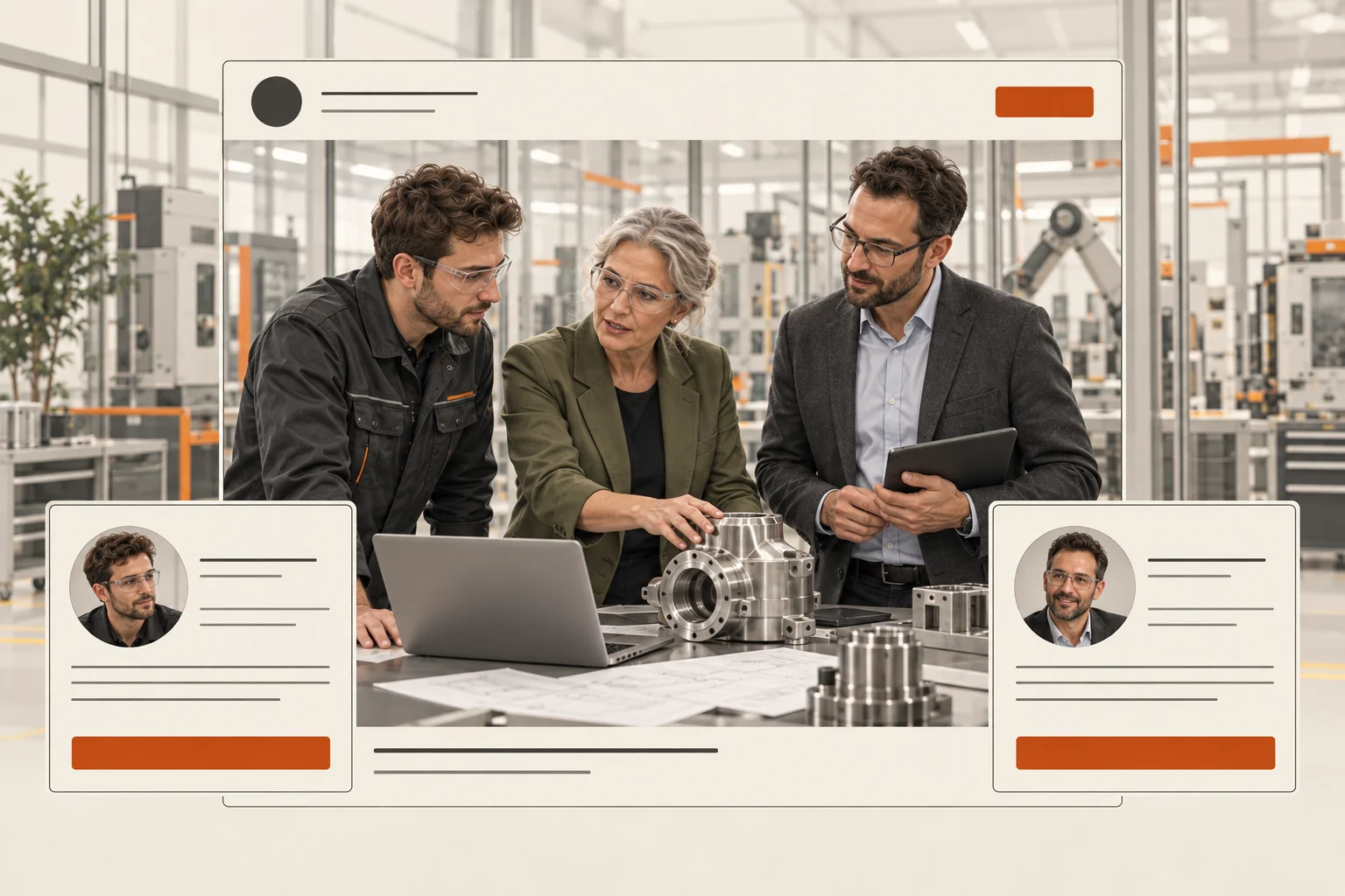 Manufacturing colleagues sharing technical expertise beside professional profile cards.