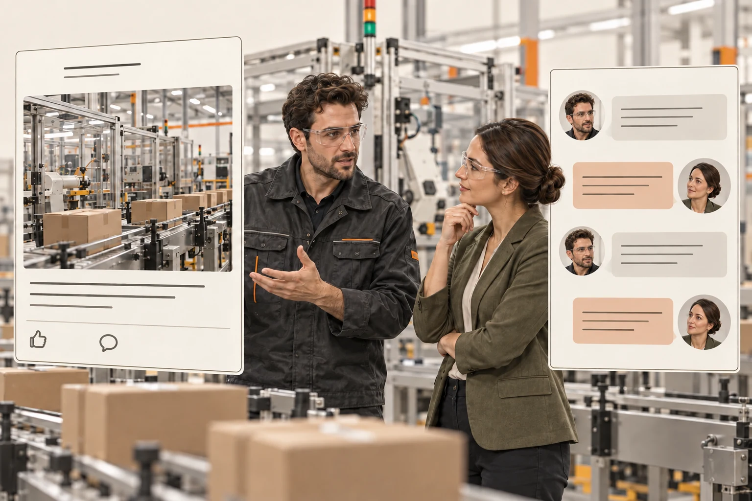 Two manufacturing professionals in discussion between a public post and a private conversation panel.