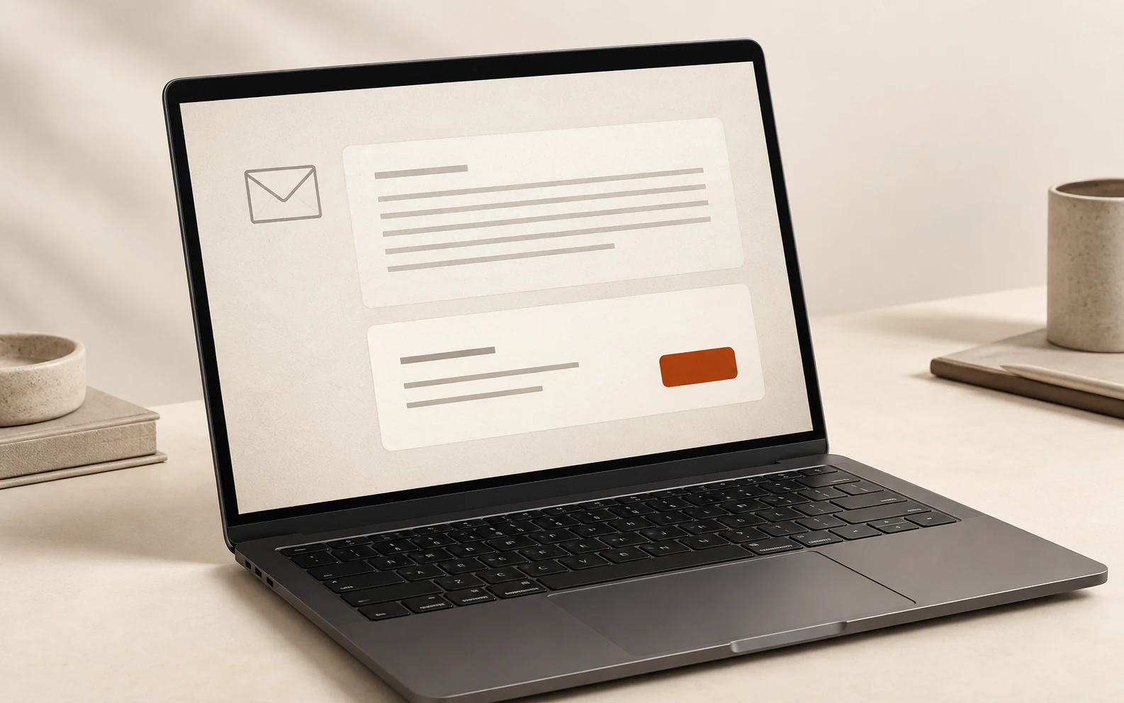 A laptop inbox contrasts a dense message with a concise, focused reply.