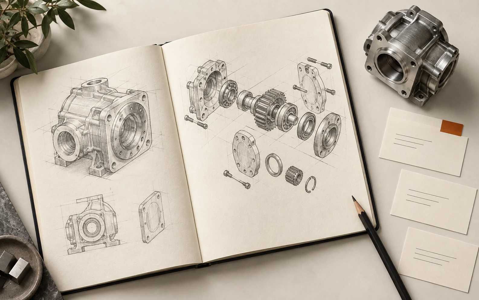 Technical machinery sketches, a precision part, and content cards arranged on an ivory desk.