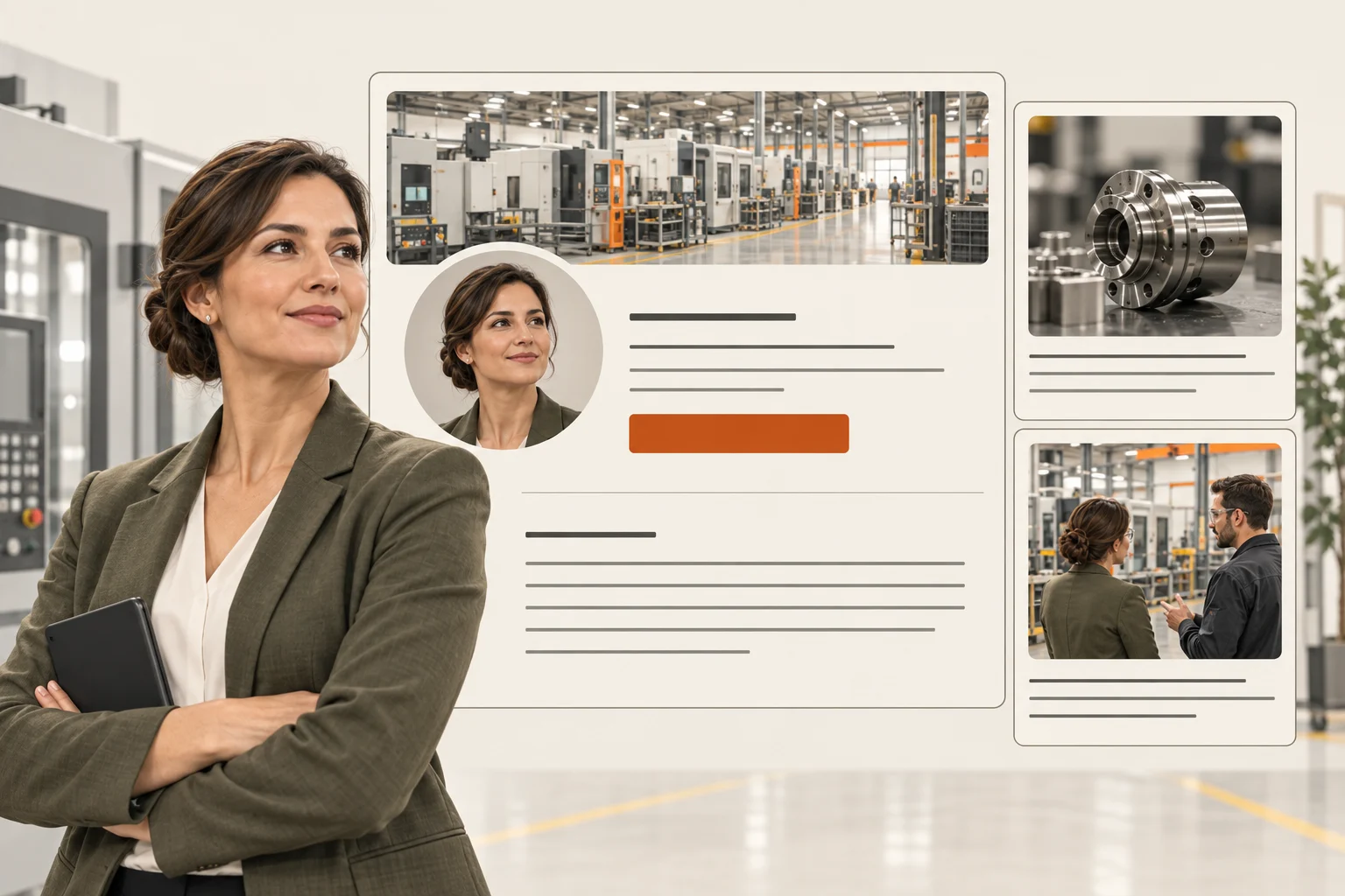 Manufacturing professionals and an illustrated professional profile showing their expertise.