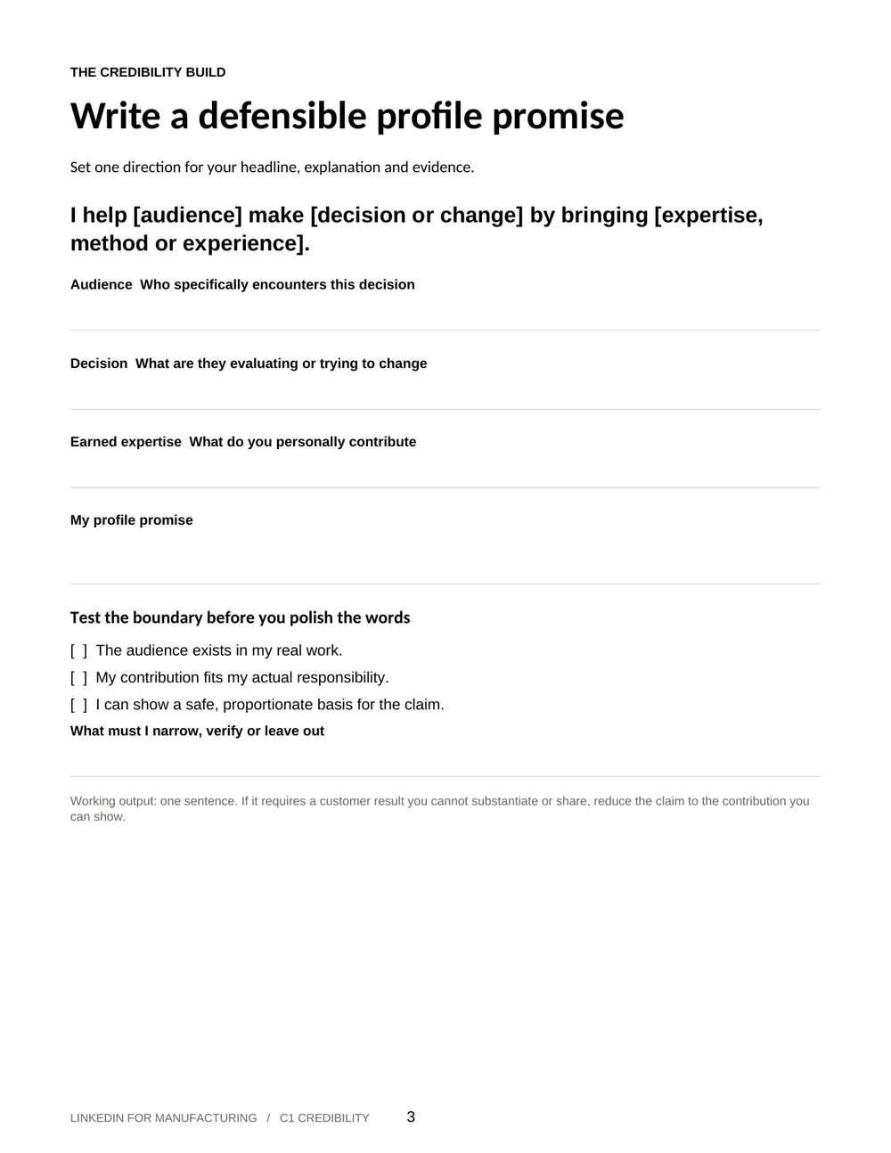 Sample participant worksheet for defining a LinkedIn profile promise